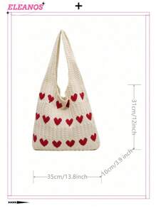 Heart Pattern Knitted Tote Bag, Fashion Women's Shoulder Bag Crochet Handbag Valentines, Perfectly Matching With Crochet Set - Red - View 6
