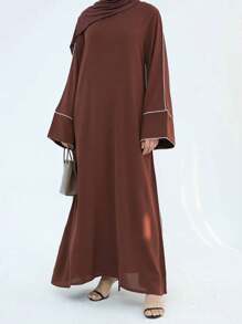 Vestidos sólidos modestos de moda primavera 2025, ropa islámica con mangas abullonadas, abayas de muselina para mujeres musulmanas, batas abayas cerradas - Café integral - Ver 2