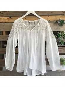 Women's Long Sleeve Pure Tops Lace Patchwork V Neck Lace-Up Top Clothes - White - View 2
