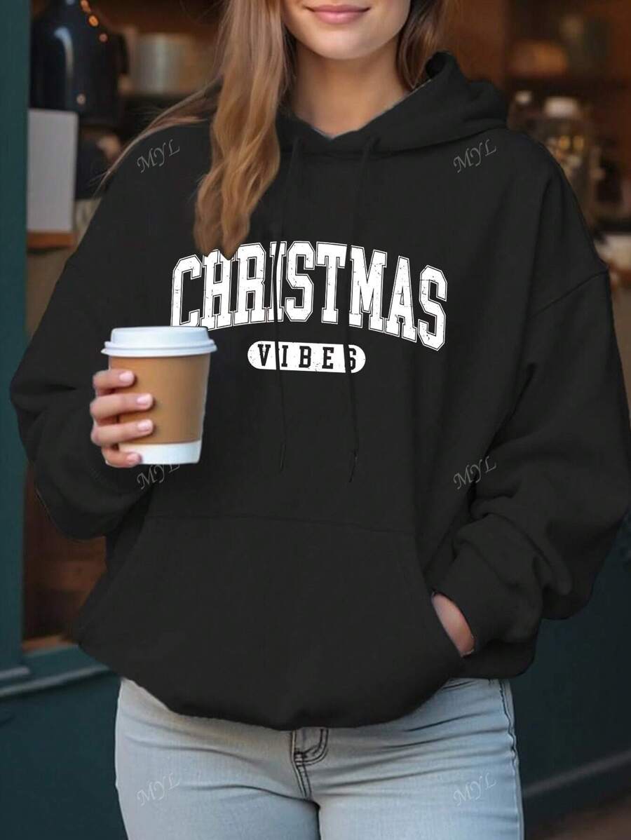 Sudadera con capucha de manga larga de unicolor con bolsillo, sencilla, para otoño e invierno, talla grande, diseño de letras navideñas
