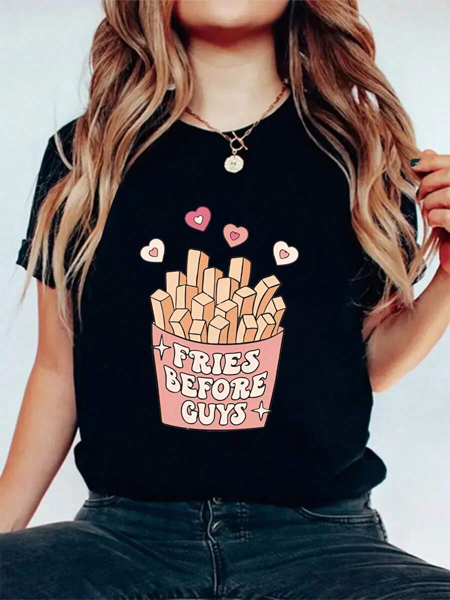 Fries Before Guys Print Women's T-Shirt, Graphic Versatile Christmas T-Shirts Fashion Loose Casual Sports Summer Crew Neck Short Sleeved Top Women's Tops