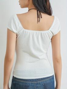 Camisetas de mujer crop top Y2K de manga corta, cuello cuadrado, acanalado, ajustado, con encaje en el borde, elegante para salir - Marfil - Ver 8