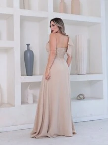 Victoria Long Luxury Dress Plain Duna Linen With Bow One Shoulder - Beige - View 4