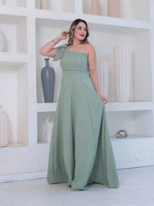 Victoria Long Luxury Dress Plain Duna Linen With Bow One Shoulder - Mint Green - View 4