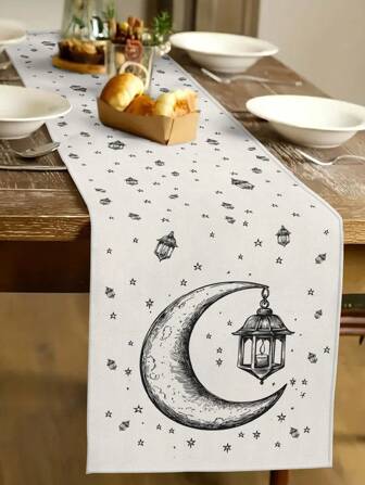 1 件月亮花朵复古图案装饰桌旗，家居装饰桌饰，室内外派对用品，房间装饰。适用于日常家居厨房装饰和活动派对装饰