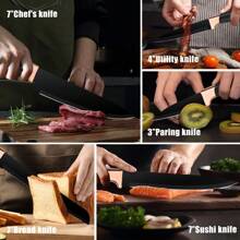 6 Piece Kitchen Knife Set, Very Sharp Professional Chef Knife Set, Chef Knife, Meat Knife, Bread Knife, Paring Knife, Peeler, Perfect For Home, Outdoor Cooking And Camping