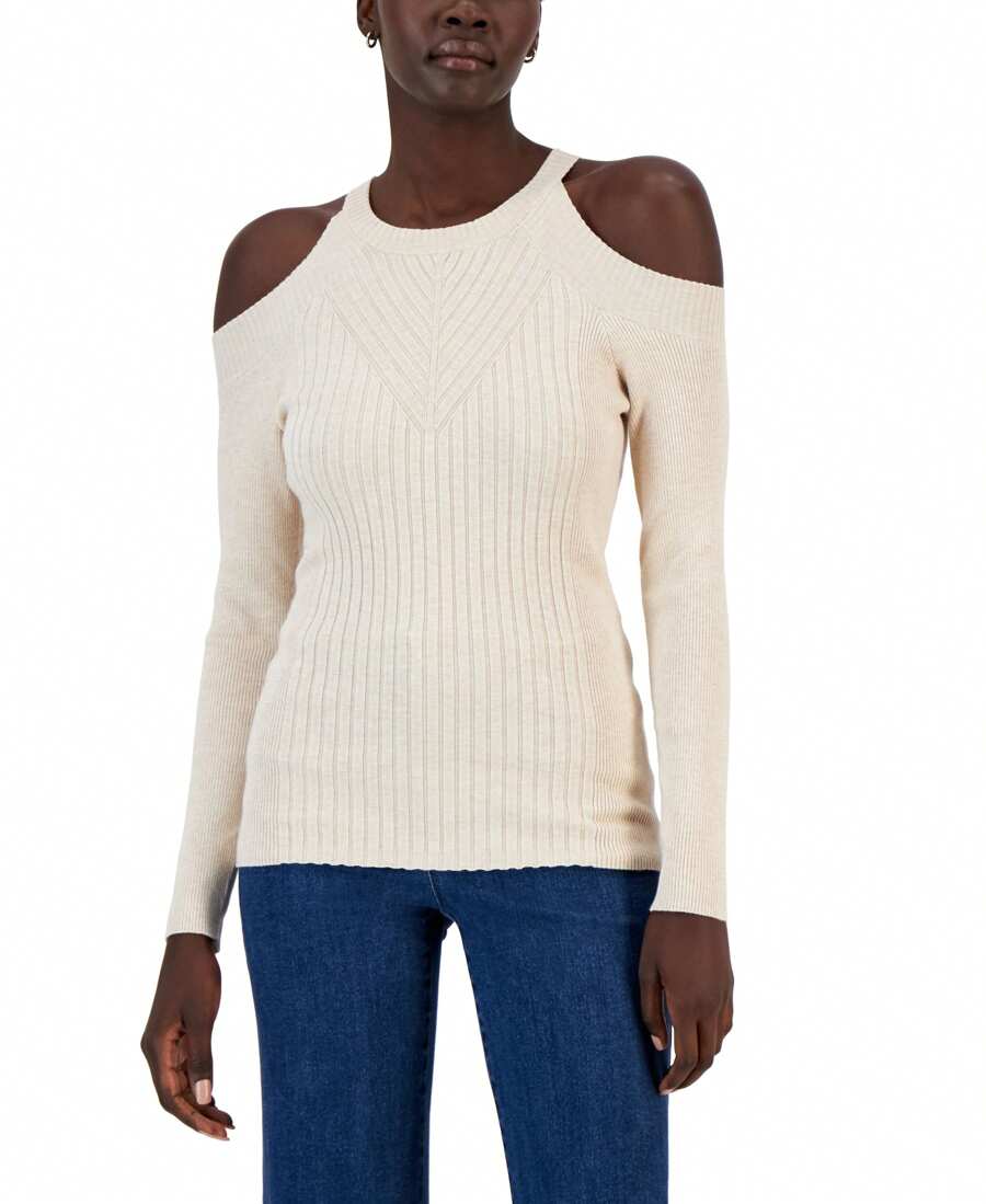 INC International Concepts Womens Ribbed Cold Shoulder Sweater - Multicolor - View 1