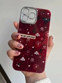 勃艮第花心烟花设计手机保护壳，适用于 iPhone 16 Pro Max、iPhone 15 Pro、iPhone 14 Plus、iPhone 13、iPhone 12、iPhone 11、新年版，硅胶闪光全身保护套 - 酒紅色 - 查看 6