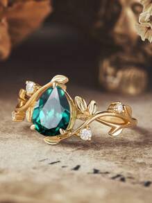 1 件优雅闪亮叶子和树枝镶嵌绿色水滴戒指，适合婚礼/订婚的日常佩戴，送给家人/朋友/爱人的礼物， - 綠色 - 查看 3