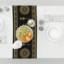 1pc Ramadan Themed Polyester Table Runner, Traditional Golden Floral Pattern, Suitable For Ramadan, Eid Al Fitr Celebration Decoration, For Table, Coffee Table, Bar Counter Decor, Holiday Supplies - Multicolor - View 4