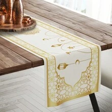 1pc Ramadan Themed Polyester Table Runner, Traditional Golden Floral Pattern, Suitable For Ramadan, Eid Al Fitr Celebration Decoration, For Table, Coffee Table, Bar Counter Decor, Holiday Supplies - Multicolor - View 7