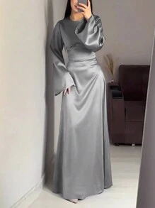 Women's Solid Color Round Neck Flare Sleeve Elegant Mid-East Style Long Arabian Dress - Grey - View 2