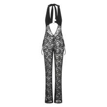 Women's Sexy Hollow Lace Tight Jumpsuit Halter Neck Sleeveless Showing Navel Long Pants Solid Color Bodysuit For Summer - 黑色 - 查看 5