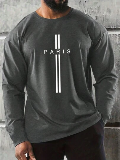 秋季男士大码字母与图案印花圆领长袖 T 恤