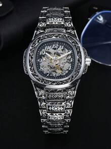 LONGLUX 1pc Men's Hollow Automatic Mechanical Movement Engraved Vintage Numeric Scale Waterproof Watch