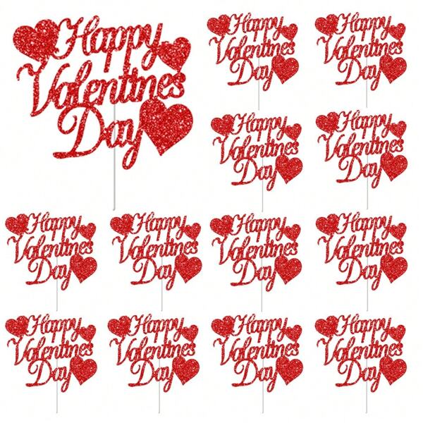 12pcs Valentine's Day Party Cake Toppers, Dessert Cake Decorative Picks, Dessert Table Decor