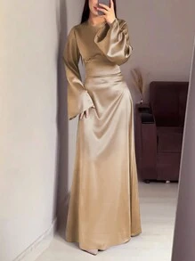 端庄长款梭织连衣裙，圆领春季款 - 香檳色 - 查看 2