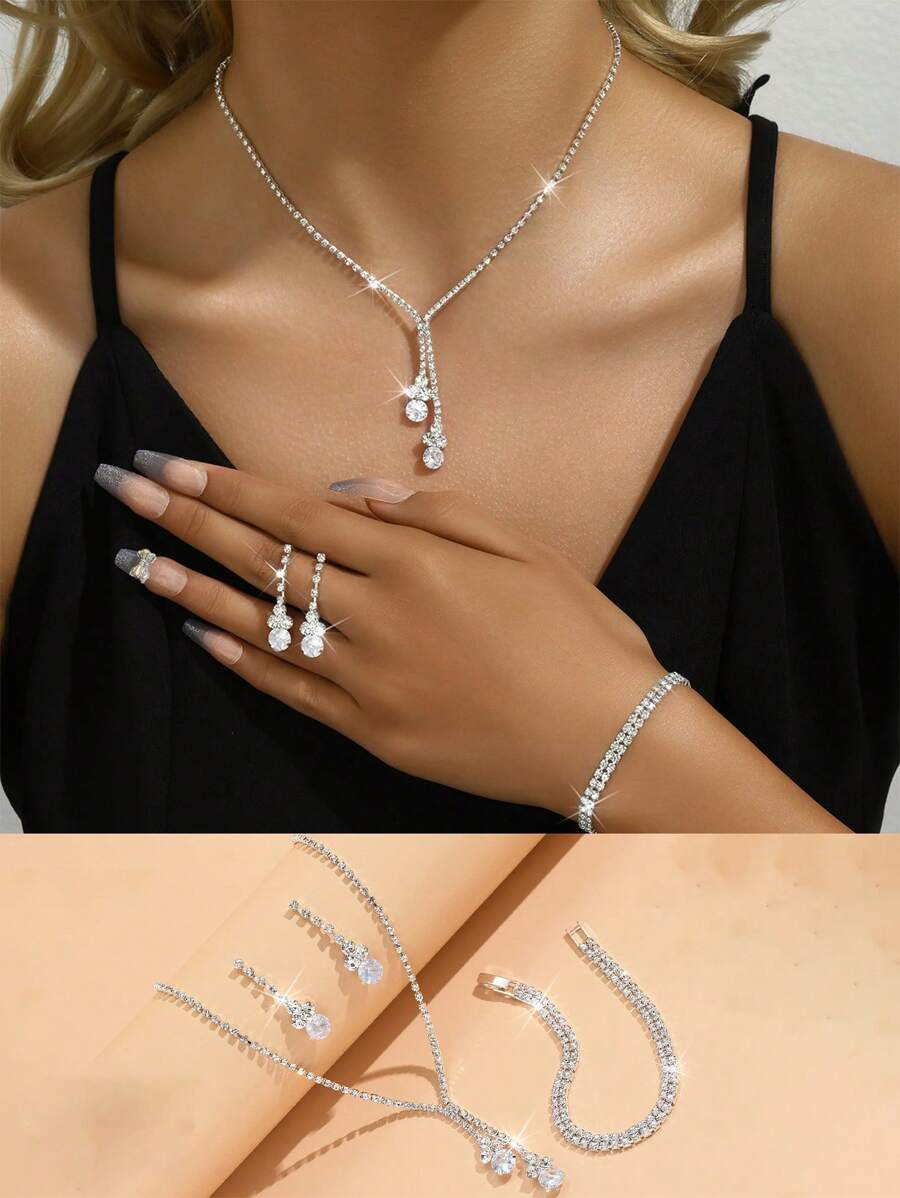 1 Set Minimalist Elegant Women's Jewelry Set - Necklace, Earrings, Bracelet, Copper Material Embedded With Sparkling Crystals, Best For Wedding, Party - Silver - View 1