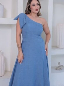 Victoria Long Luxury Dress Plain Duna Linen With Bow One Shoulder - Baby Blue - View 5