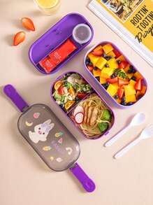 1pc卡通双层饭盒学生带饭格大容量带餐具可微波炉加热儿童午餐盒 - 彩色 - 查看 7