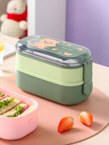 1pc卡通双层饭盒学生带饭格大容量带餐具可微波炉加热儿童午餐盒 - 彩色 - 查看 4