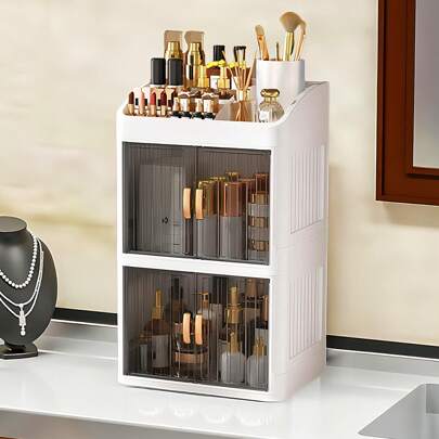 1pc Vanity Makeup Storage Box, Foldable & Sliding Door Design, Clear Cover Cosmetic Display Cabinet, Large Capacity Skincare & Cosmetics Organizer, Ideal Gift For Women, Fits Bedroom & Bathroom Vanities To Store Lipsticks, Brushes, Nail Polish,For Holiday Beach, Bathroom Collection, Bedroom Collection, Large Capacity