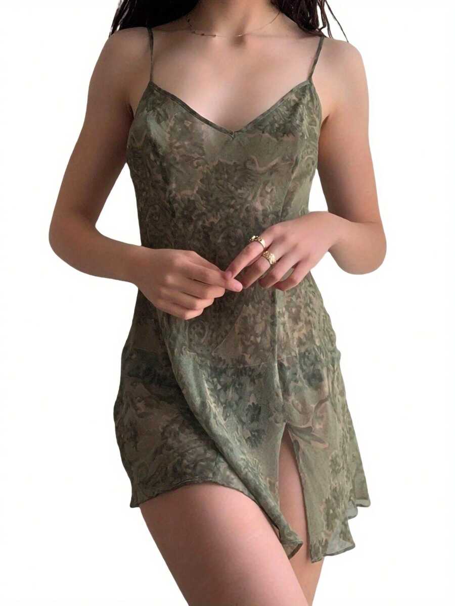 Ladies Perspective Slip Dress, Women Leisure Style Abstract Plant Printing V-neck Side Split Sleeveless Backless Short Skirt - Verde militar - Ver 1