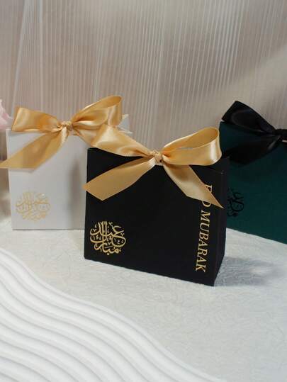 10件装节日迷你礼盒，配缎带，优雅的阿拉伯书法设计，精致小巧的礼品包装，适合特殊场合，黑色、绿色和白色可选。非常适合盛放礼物、糖果和珠宝。尺寸：11.5 x 10 x 4.5厘米 - 是糖果、巧克力和小礼品的优雅包装的理想之选。