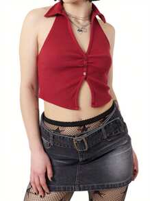 Tops sin mangas de mujer con cuello de solapa, tops cortos con botones de unicolor - Rojo - Ver 4