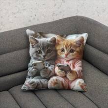 1pc Cute Cat Holding Phone Print Decorative Cushion Cover, Single-Sided, 17.7*17.7 Inches, 180gsm Soft Plush, 100% Polyester, Machine Washable, Zipper Closure, Suitable For Party Decor, Bedroom, Living Room, Sofa, Car Seat (Inner Pillow Not Included)