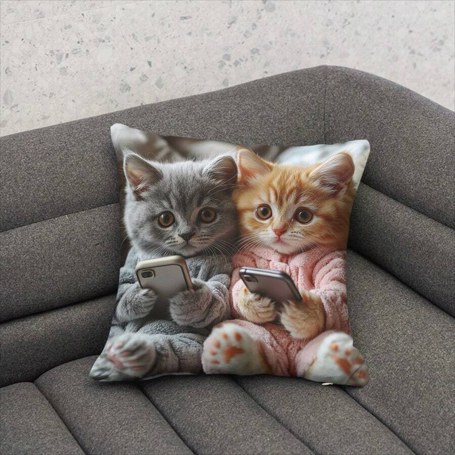 1pc Cute Cat Holding Phone Print Decorative Cushion Cover, Single-Sided, 17.7*17.7 Inches, 180gsm Soft Plush, 100% Polyester, Machine Washable, Zipper Closure, Suitable For Party Decor, Bedroom, Living Room, Sofa, Car Seat (Inner Pillow Not Included)