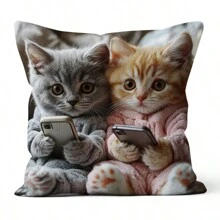 1pc Cute Cat Holding Phone Print Decorative Cushion Cover, Single-Sided, 17.7*17.7 Inches, 180gsm Soft Plush, 100% Polyester, Machine Washable, Zipper Closure, Suitable For Party Decor, Bedroom, Living Room, Sofa, Car Seat (Inner Pillow Not Included)