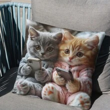 1pc Cute Cat Holding Phone Print Decorative Cushion Cover, Single-Sided, 17.7*17.7 Inches, 180gsm Soft Plush, 100% Polyester, Machine Washable, Zipper Closure, Suitable For Party Decor, Bedroom, Living Room, Sofa, Car Seat (Inner Pillow Not Included)