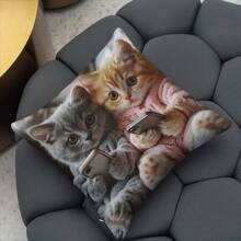 1pc Cute Cat Holding Phone Print Decorative Cushion Cover, Single-Sided, 17.7*17.7 Inches, 180gsm Soft Plush, 100% Polyester, Machine Washable, Zipper Closure, Suitable For Party Decor, Bedroom, Living Room, Sofa, Car Seat (Inner Pillow Not Included)