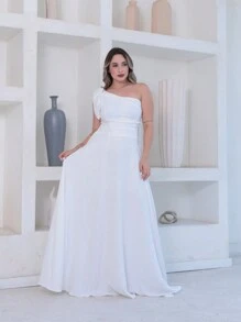 Victoria Long Luxury Dress Plain Duna Linen With Bow One Shoulder - Blanco - Ver 2