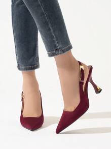 Giày cao gót mũi nhọn màu đỏ tía có khóa kim loại trang trí cho nữ, giày cao gót hở mũi thời trang và thoải mái, thanh lịch cho tiệc tùng, đêm hẹn hò, đi làm, dịp trang trọng, thích hợp cho mùa xuân, mùa hè, mùa thu, mùa đông, da lộn màu đỏ rượu vang cho ngày lễ tình nhân, thanh lịch, thanh lịch - Màu Đỏ Sâu - Xem 4
