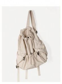 Korean Style Versatile, Simple And Versatile Drawstring Nylon Backpack - Beige - View 8