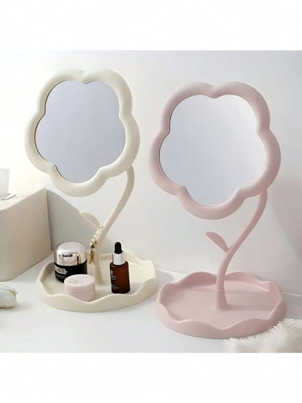 Flower-Shaped Makeup Mirror With Polished Plastic Frame, Rotating Vanity Mirror With Storage Tray, Portable, Battery-Free, Suitable For Bedroom, Students And Travel - No Formaldehyde, Applicable For Glass Surface, Floral Theme Mirror Back To School