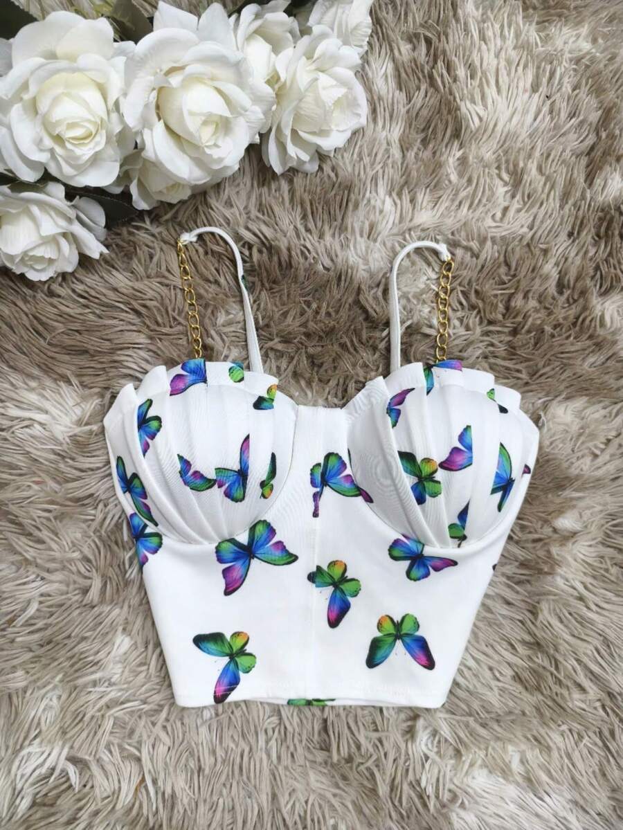 Cropped Top Blouse Thin Strap Chain With Mermaid Bra Fashion Blogger Retro Summer Party Beach Neoprene Suplex Strappy - Multicolor - View 1