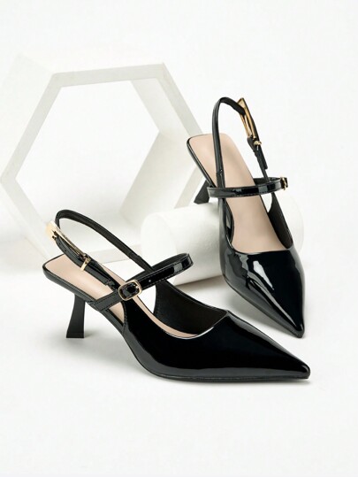 Damen Spitz Zulaufende Slingback Pumps mit asymmetrischem Absatz und Schnallen Riemen, Büro Hochferse Sandalen für den täglichen Gebrauch