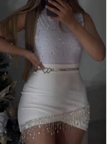 Conjunto Feminino Festa Neoprene Body Strass e Saia Franja - Branco - Visão 2
