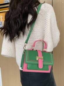 撞色绿休闲简约彩虹拼接小方包时尚个性百搭链条单肩斜挎包女包手提包 - 綠色 - 查看 4