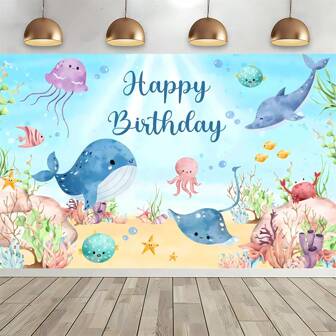 1 pièce Toile de fond de photographie, décor d'arrière-plan pour fête d'anniversaire avec motifs de baleines et dauphins de dessin animé de l'océan