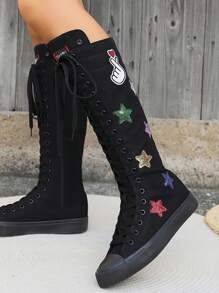 Zapatillas altas de lona para mujer con estilo punk, planas, sexy, de caña alta, de puntera redonda, con cordones y cremallera, adecuadas para todas las estaciones, Navidad, Año Nuevo, Halloween