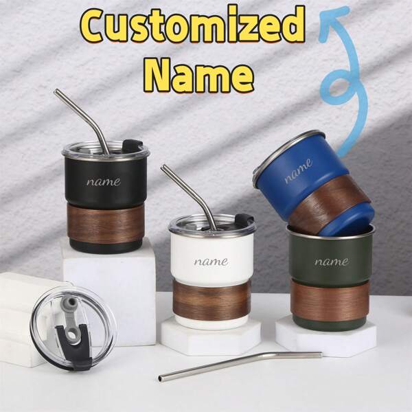 1 peça personalizada gravada a laser nome aço inoxidável camada única copo de água, caneca de café de madeira de nogueira de alta qualidade, copo de bebida fria portátil ao ar livre, capacidade de 300ML/10OZ, multifuncional, ornamental, antimofo, reutilizável, fácil de limpar, adorável, alta qualidade, fofo, moderno, personalizado, único, presentes ideais para ele, presentes ideais para ela, sua, namorada, família, amigos, filho, estudantes, trabalhadores, crianças, sala de jantar, banheiro, sala de estar, quarto, escritório, sala de chá, escola, casa