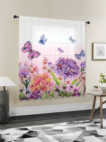1st Bloemen Plant & Vlinder Print Transparant Gordijn, Machine Wasbaar, Met Roede Zak, Voor Slaapkamer, Kantoor, Keuken, Woonkamer, Studeerkamer, Woondecoratie