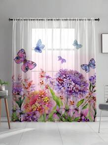 1st Bloemen Plant & Vlinder Print Transparant Gordijn, Machine Wasbaar, Met Roede Zak, Voor Slaapkamer, Kantoor, Keuken, Woonkamer, Studeerkamer, Woondecoratie