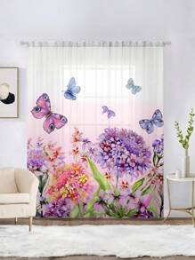 1st Bloemen Plant & Vlinder Print Transparant Gordijn, Machine Wasbaar, Met Roede Zak, Voor Slaapkamer, Kantoor, Keuken, Woonkamer, Studeerkamer, Woondecoratie