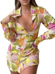 Women Temperament Shirt Dress Floral Printing/Color Matching Lapel Slim Fit Long Sleeve Mini Skirt - 黃色 - 查看 3