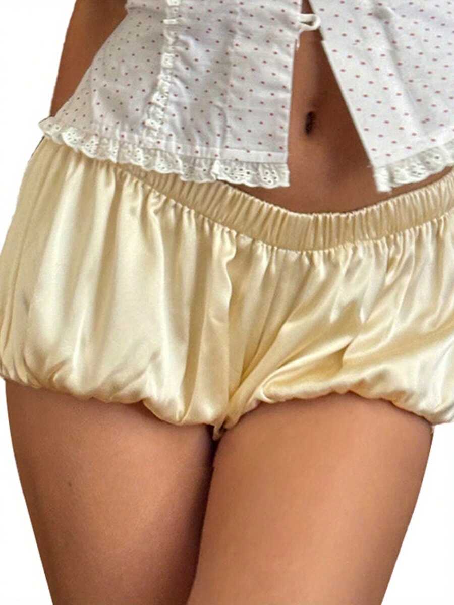 Women Y2k Silk Stain Mini Bubble Shorts Ruffle Micro Pumpkin Pj Bottoms Sleepwear Shorts Puffy Micro Balloon Lounge Pj Shorts Bloomers - 黃色 - 查看 1